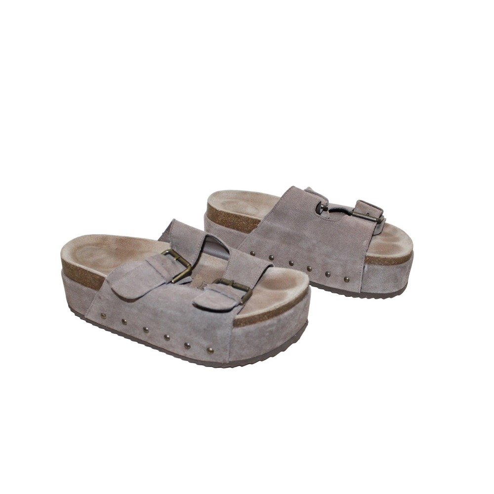Cushionaire GURU Platform Sandals Womens 8.5 Taupe Suede Studded Buckle Slides